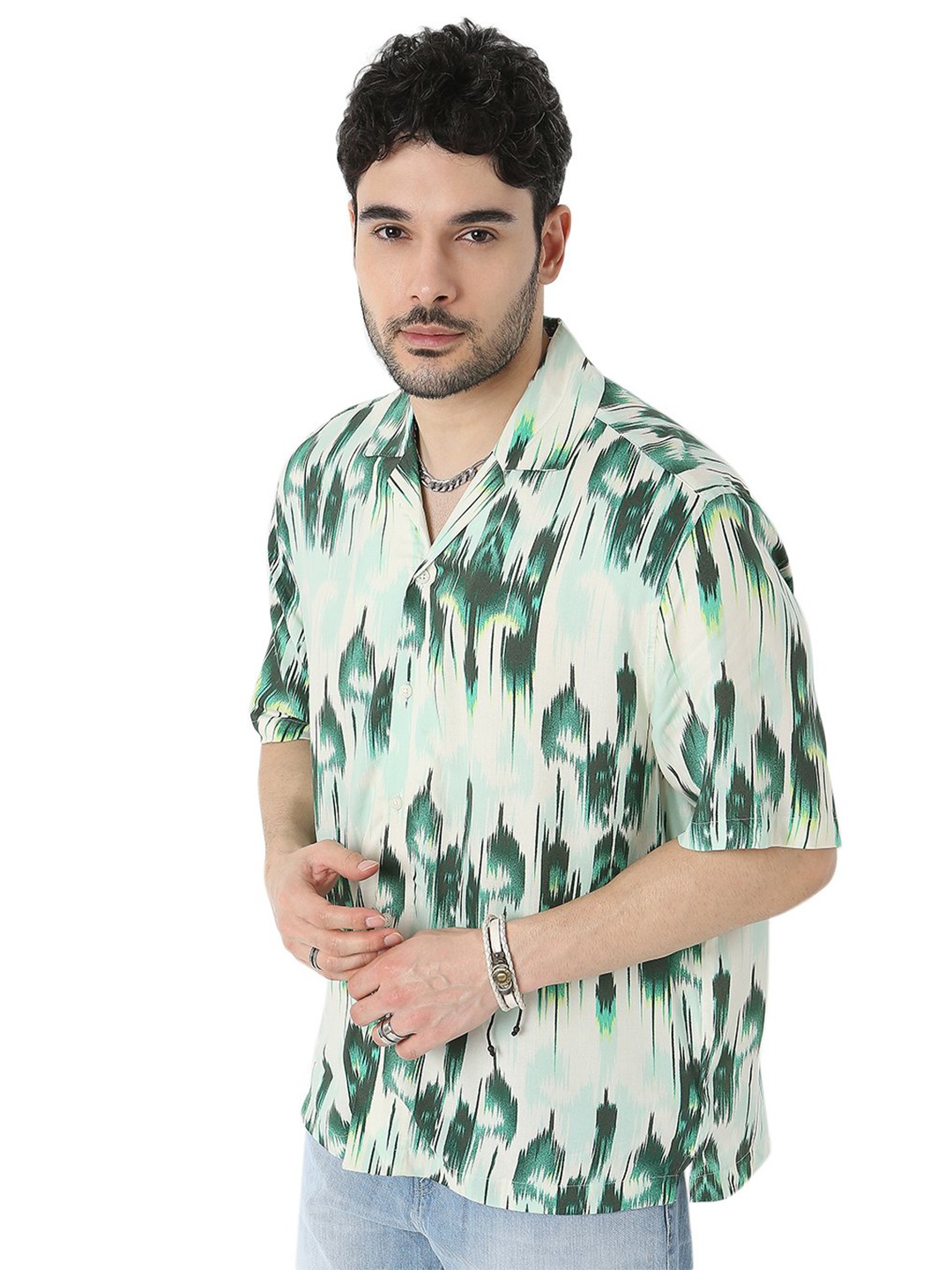 

7Shores Relaxed Abstract Printed Cuban Collar Oversized Casual Shirt, Green