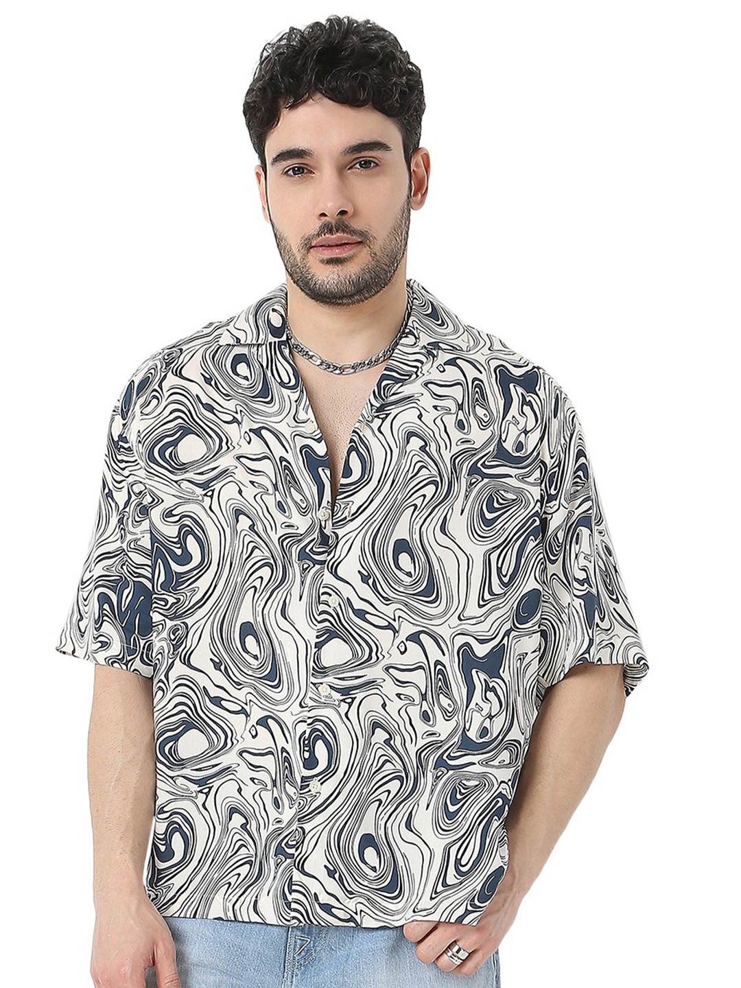 

7Shores Relaxed Abstract Printed Cuban Collar Oversized Casual Shirt, White