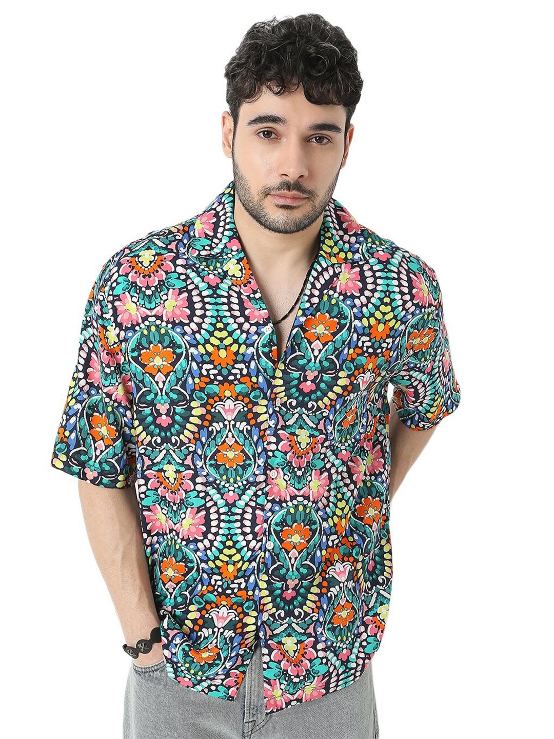

7Shores Relaxed Floral Printed Oversized Casual Shirt, Green