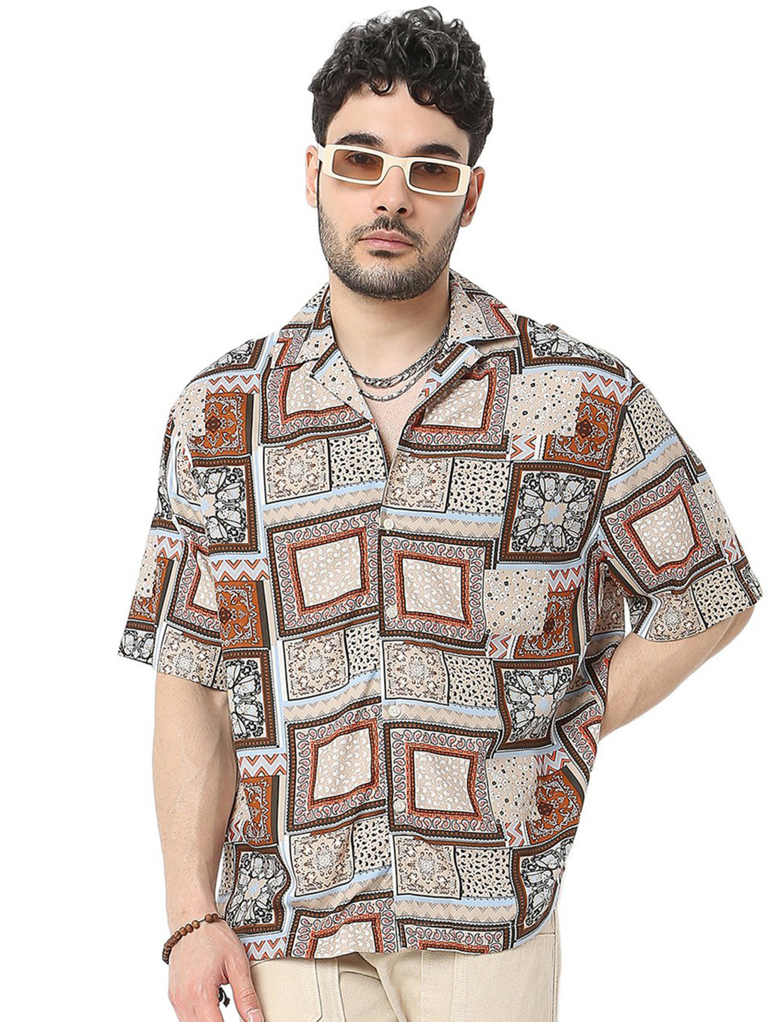 

7Shores Relaxed Abstract Printed Oversized Casual Shirt, Brown