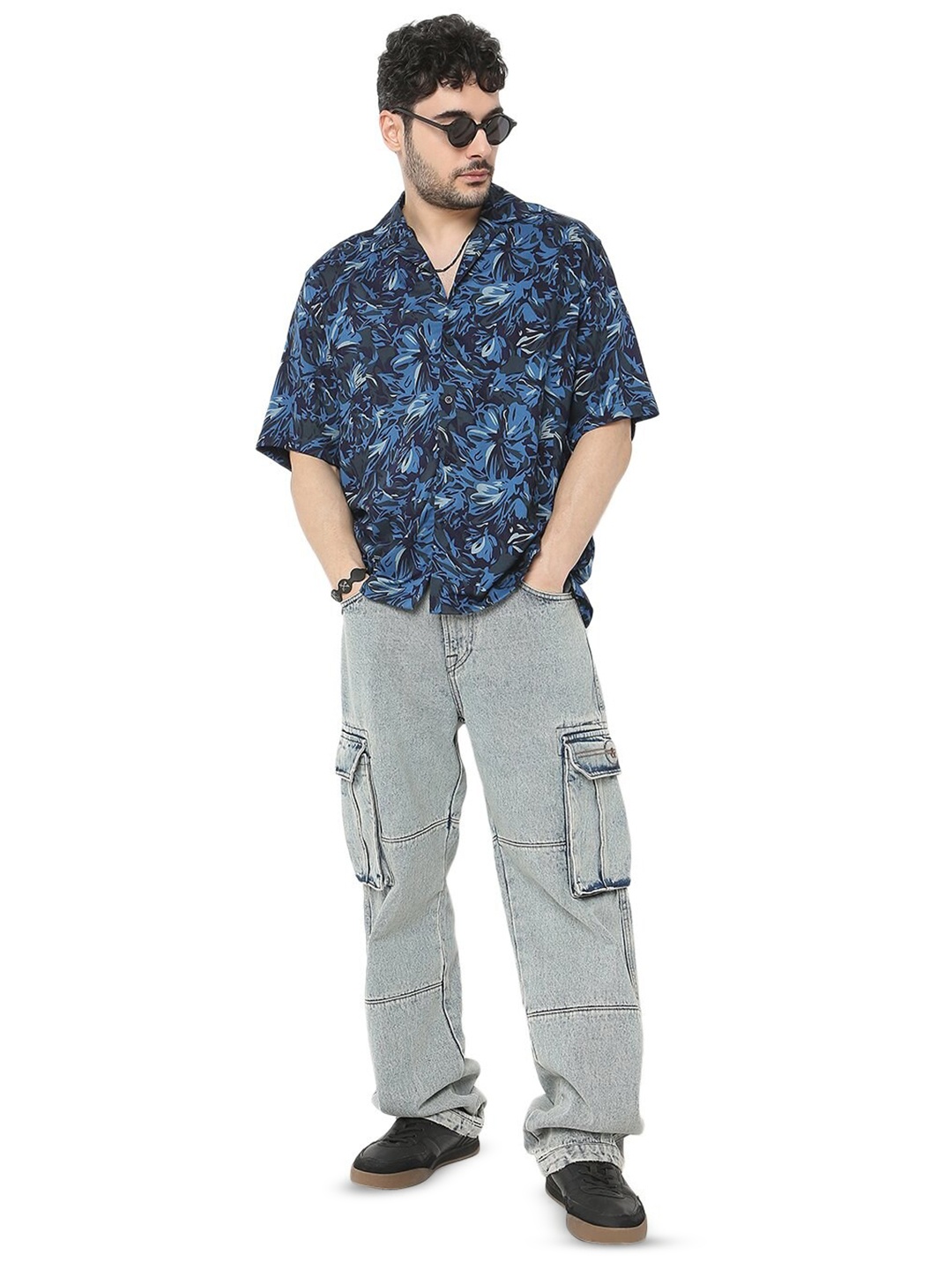 

7Shores Relaxed Floral Printed Oversized Casual Shirt, Blue