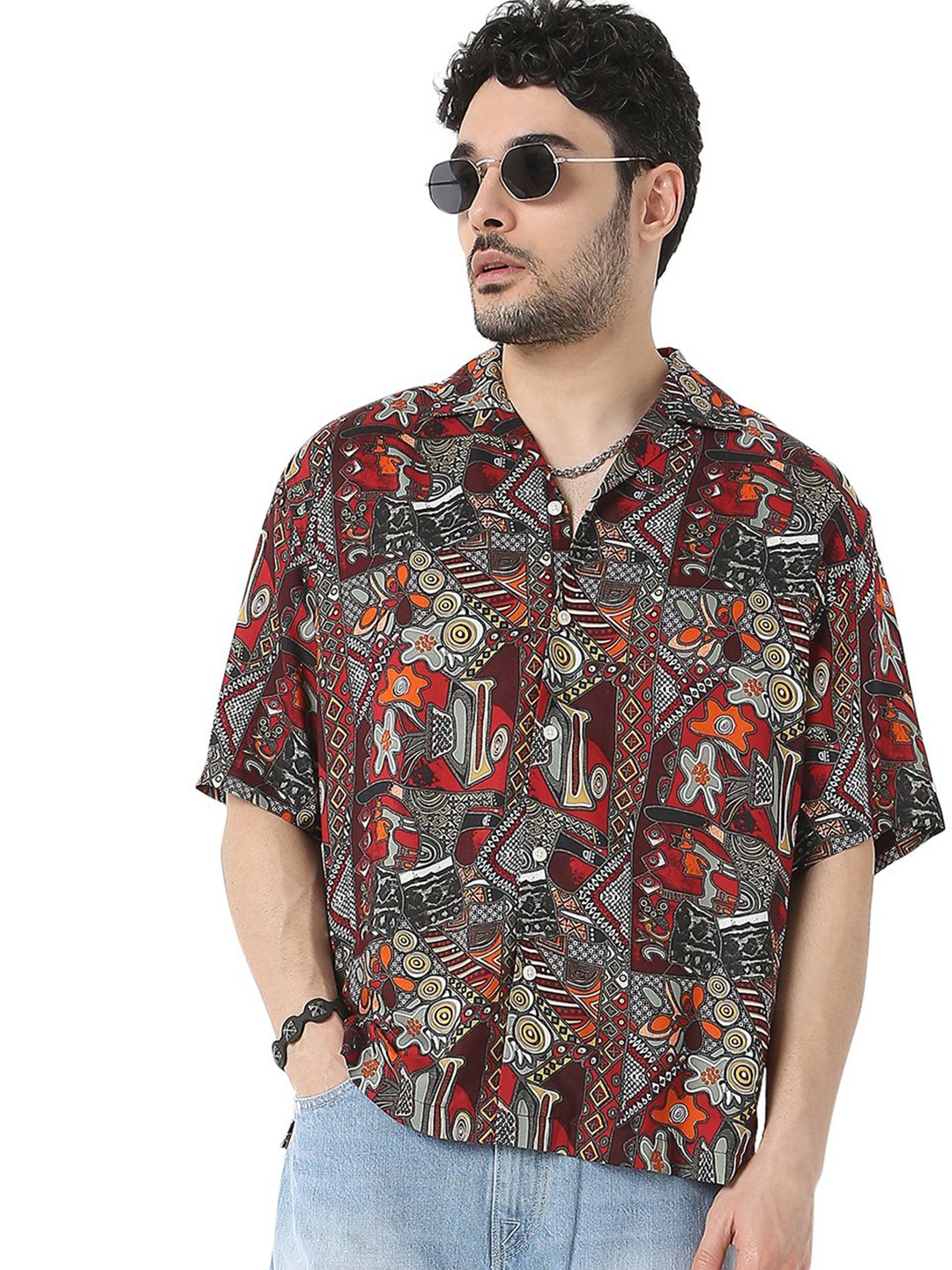 

7Shores Relaxed Abstract Printed Cuban Collar Oversized Casual Shirt, Grey