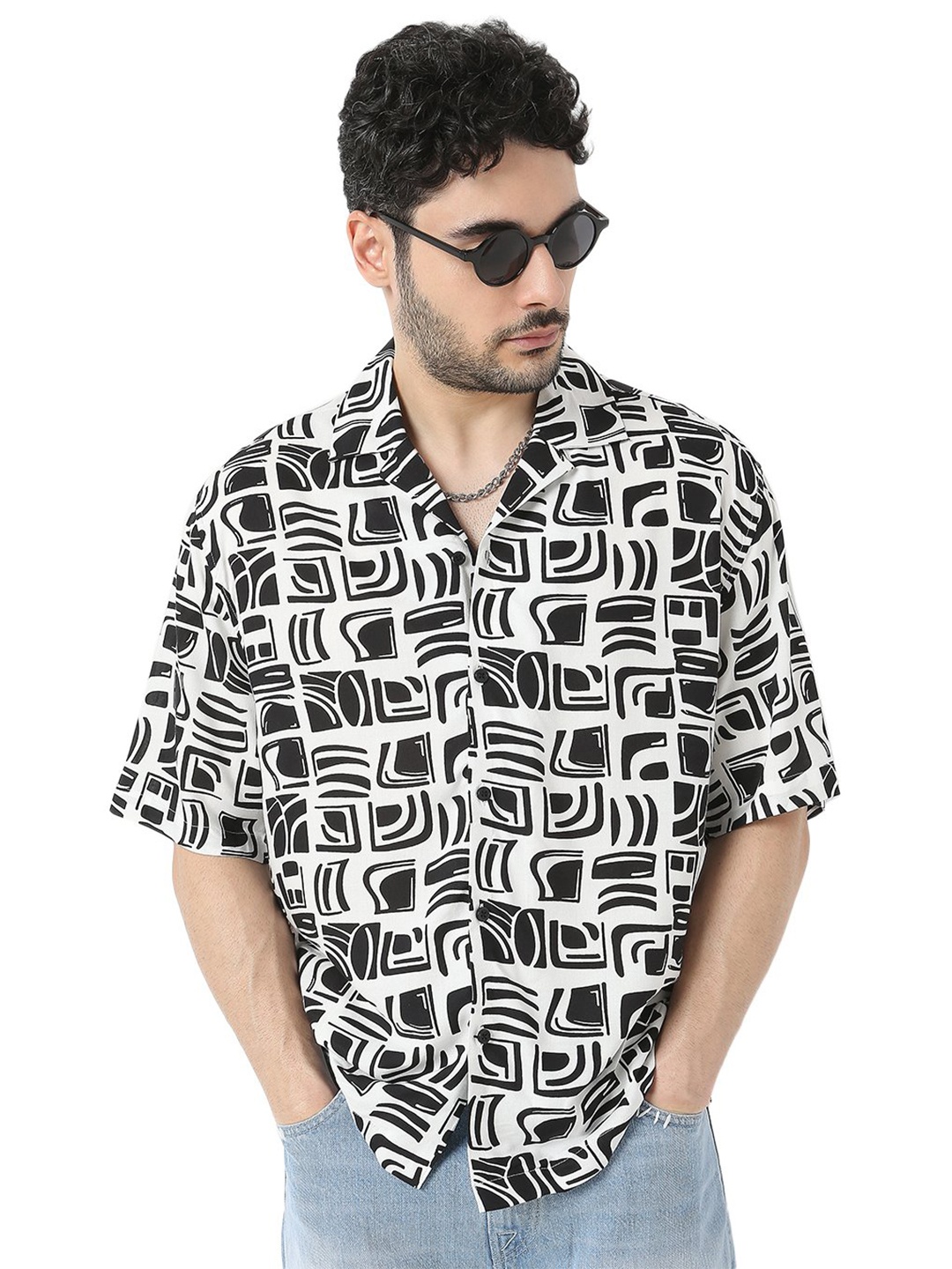 

7Shores Relaxed Geometric Printed Cuban Collar Oversized Casual Shirt, White