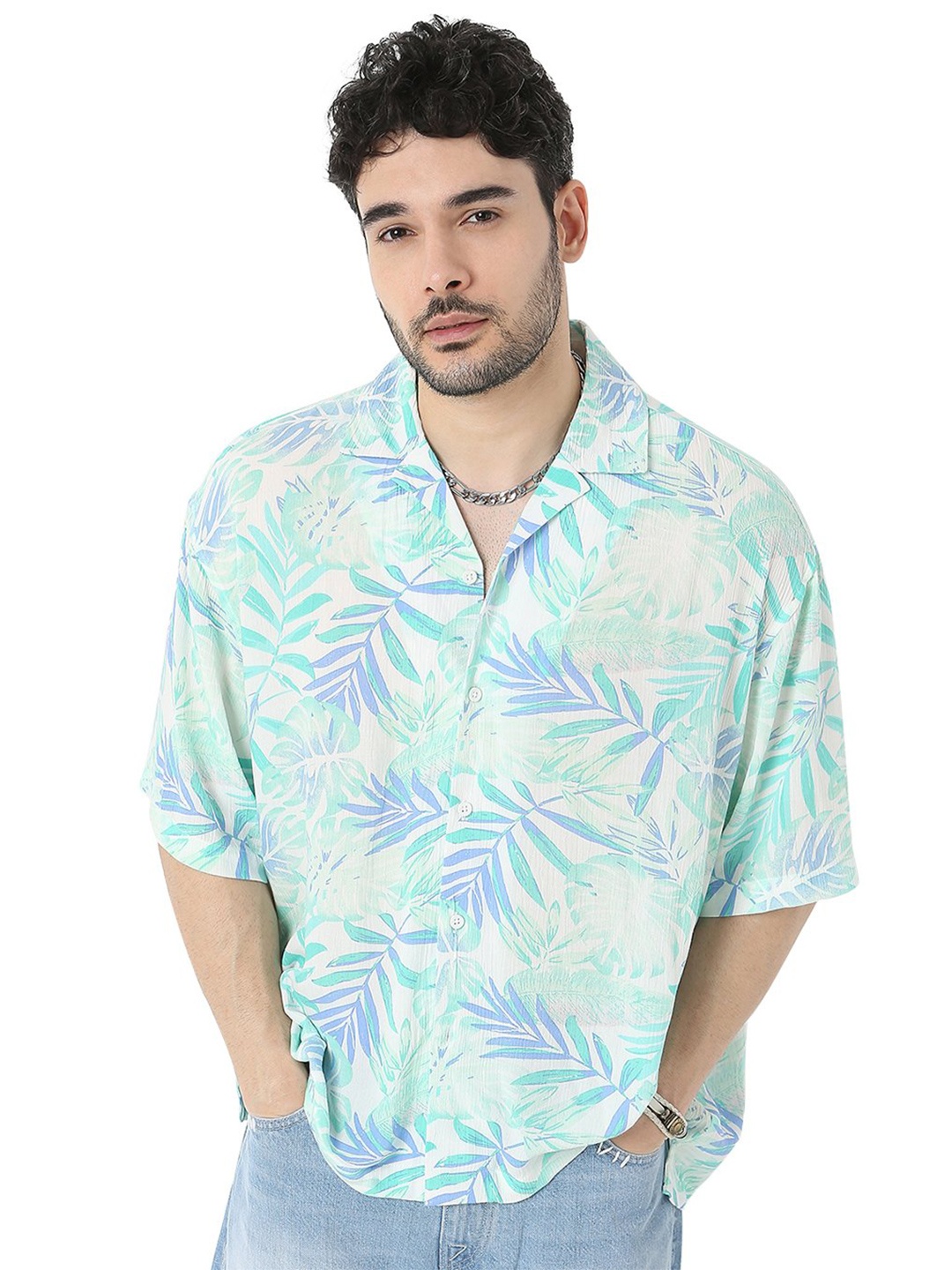 

7Shores Relaxed Floral Printed Cuban Collar Oversized Casual Shirt, Blue