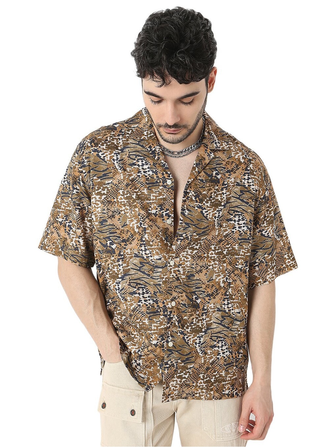 

7Shores Relaxed Abstract Printed Oversized Casual Shirt, Brown