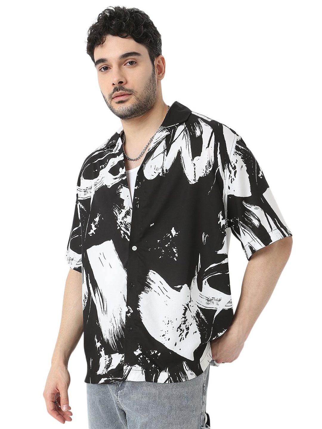 

7Shores Relaxed Abstract Printed Oversized Casual Shirt, Black