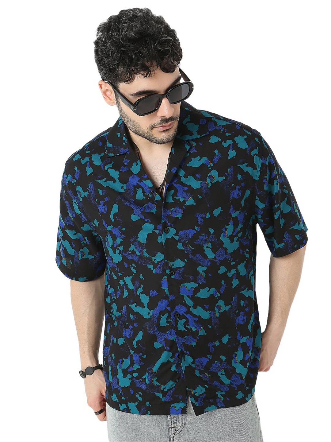 

7Shores Relaxed Floral Printed Cuban Collar Oversized Casual Shirt, Black