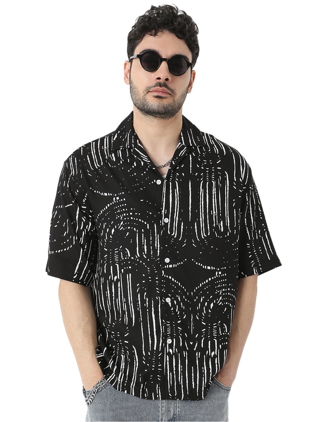 

7Shores Relaxed Abstract Printed Cuban Collar Oversized Casual Shirt, Multi