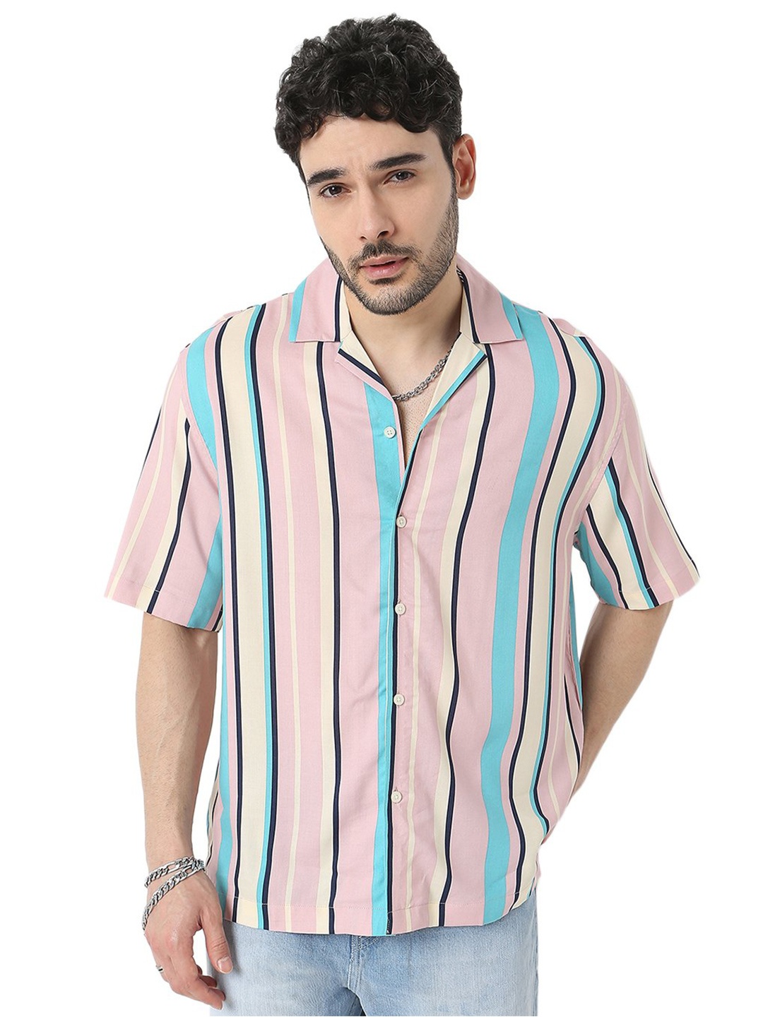 

7Shores Relaxed Striped Cuban Collar Oversized Casual Shirt, Pink