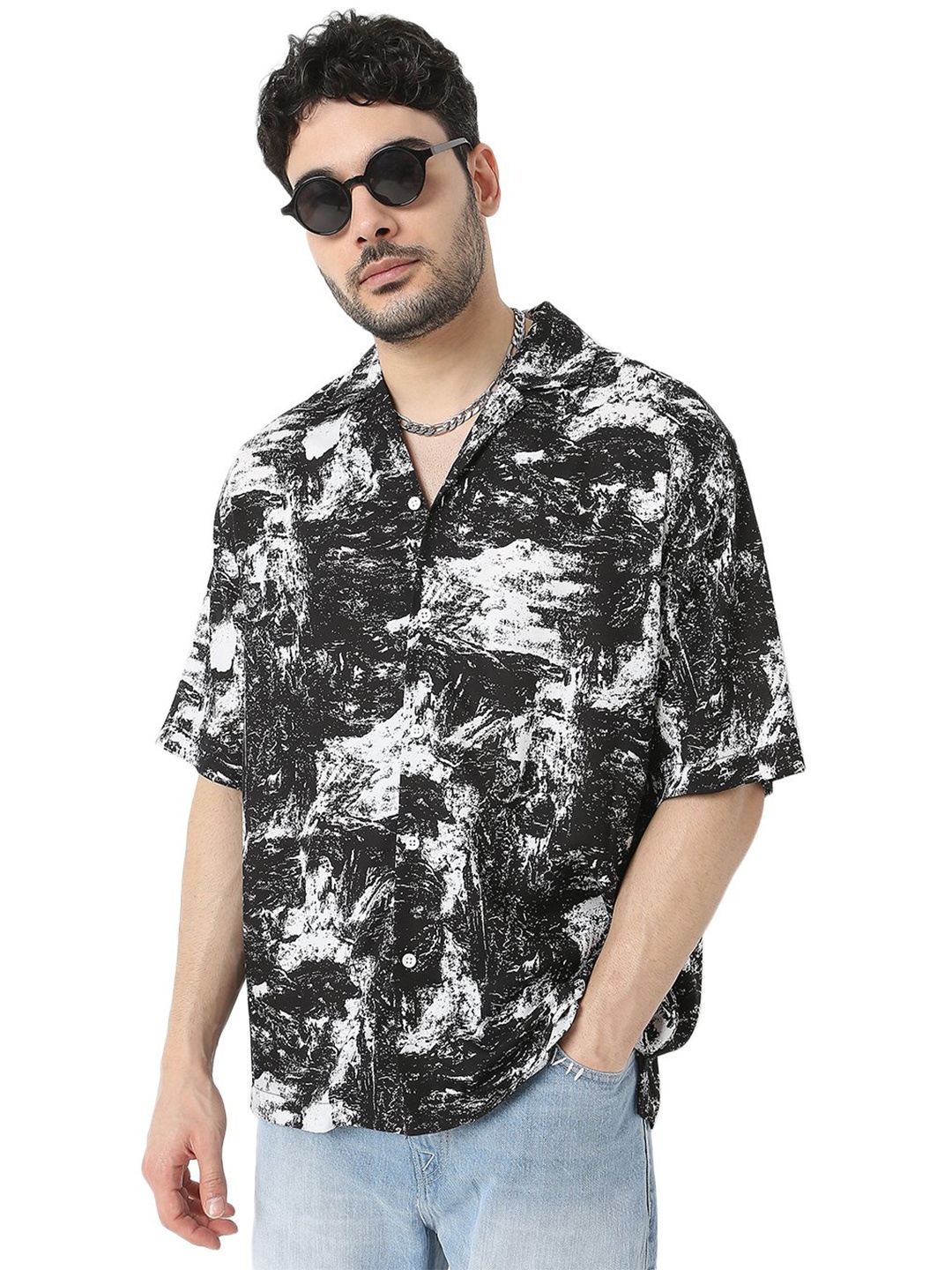 

7Shores Relaxed Abstract Printed Cuban Collar Oversized Casual Shirt, Black