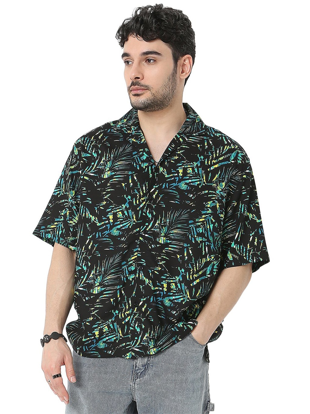 

7Shores Relaxed Abstract Printed Cuban Collar Oversized Casual Shirt, Black