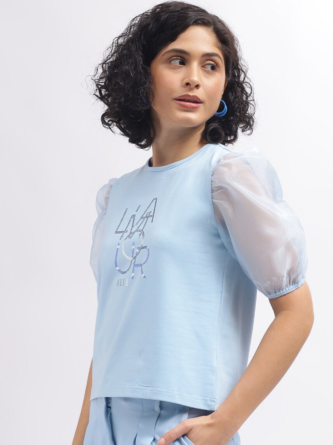 

ELLE Typography Print Cotton Round Neck Puff Sleeve Casual Top, Blue