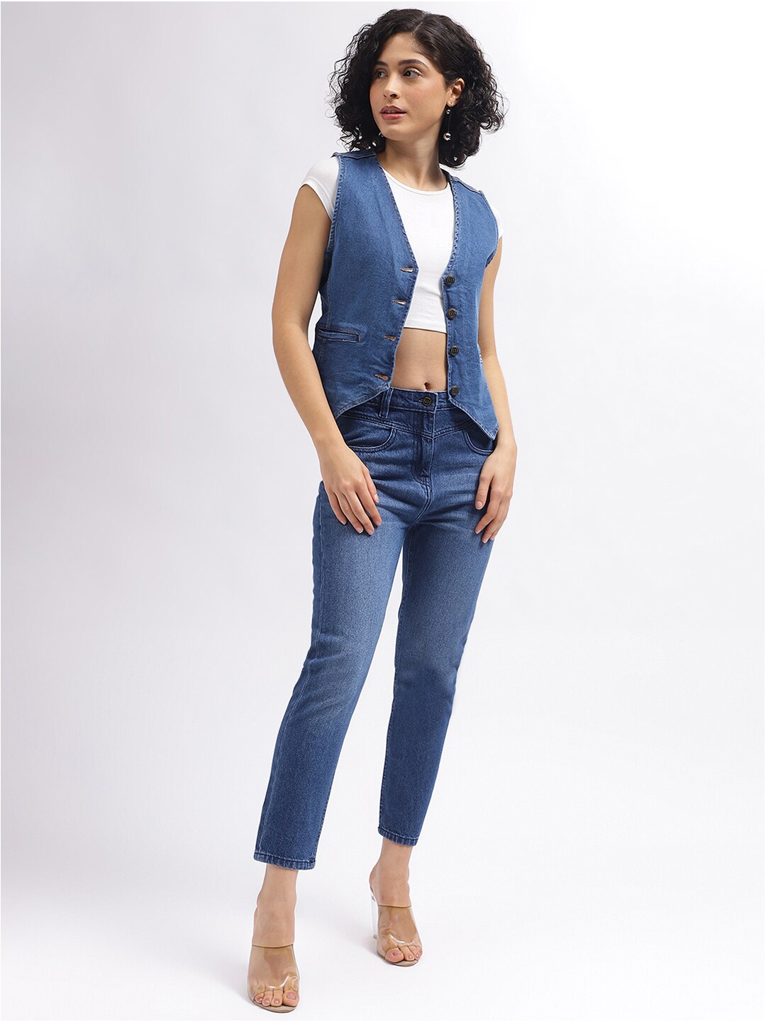 ELLE Cotton V-Neck Sleeveless Casual Tank Top, Blue