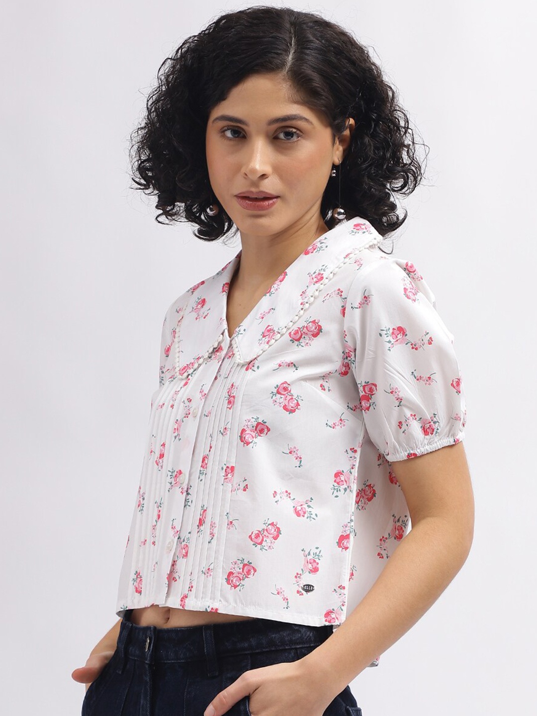 

ELLE Floral Print Cotton Shirt Collar Puff Sleeve Shirt Style Top, White