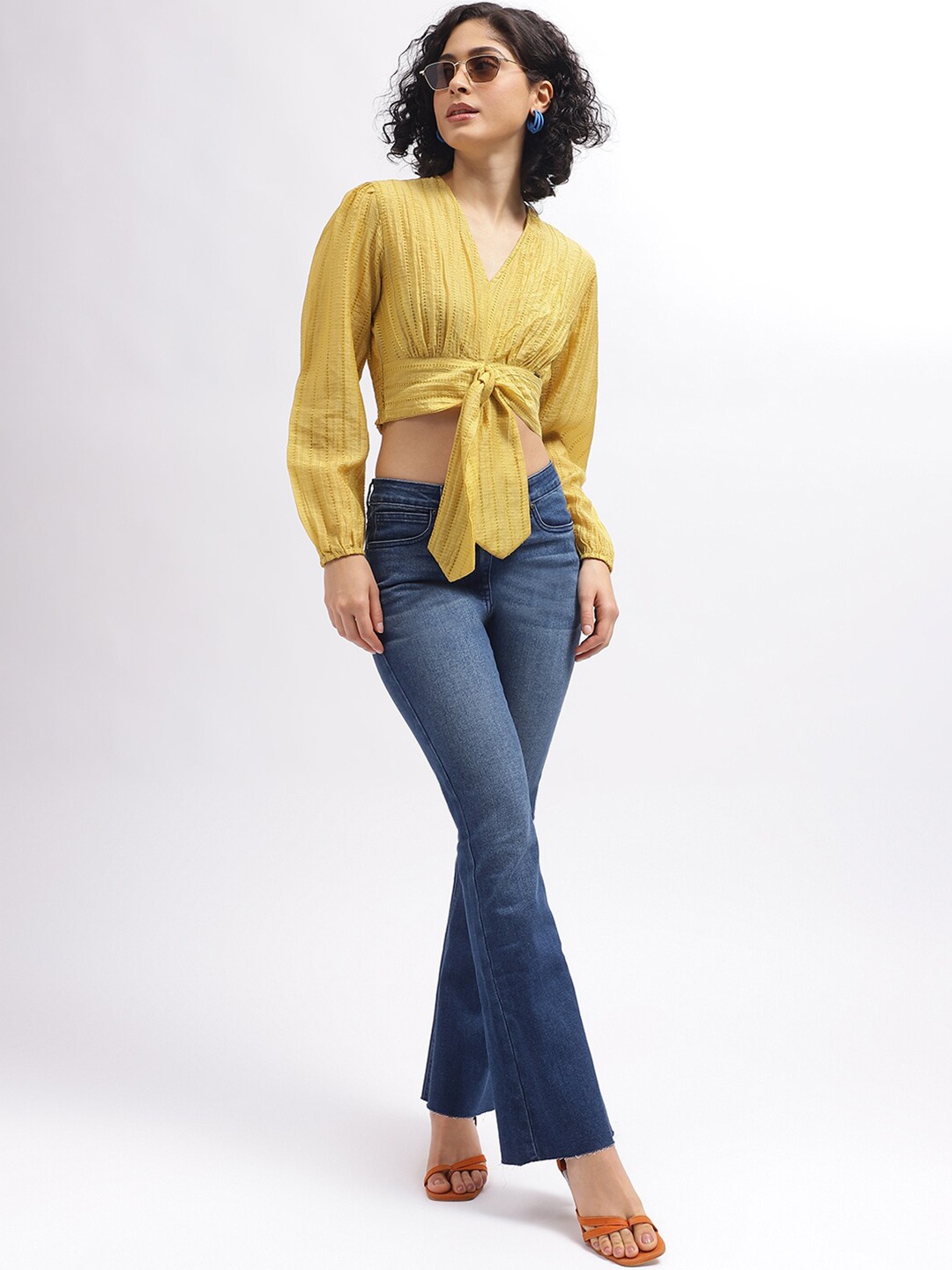 

ELLE V-Neck Cuffed Sleeves Casual Crop Top, Mustard