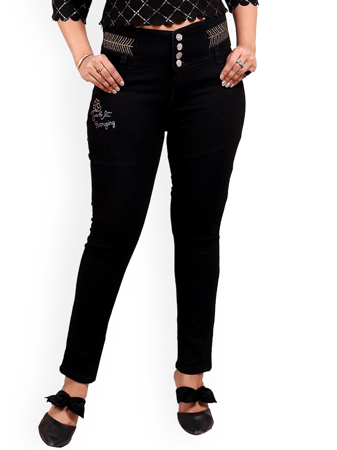 

BAESD Girls Skinny Fit Mid-Rise Clean Look Embroidered Cotton Jeans, Black