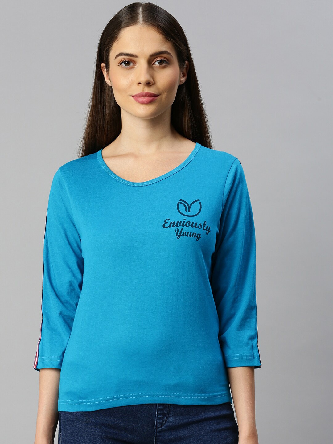 

Enviously Young Brand Logo Round Neck Pure Cotton T-shirt, Blue