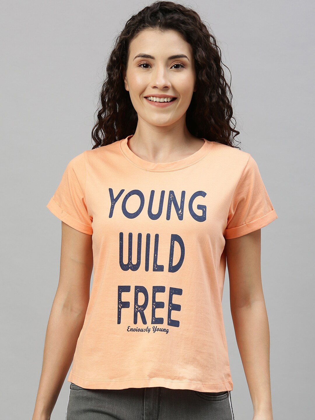 

Enviously Young Women Typography Printed Pure Cotton T-shirt, Peach
