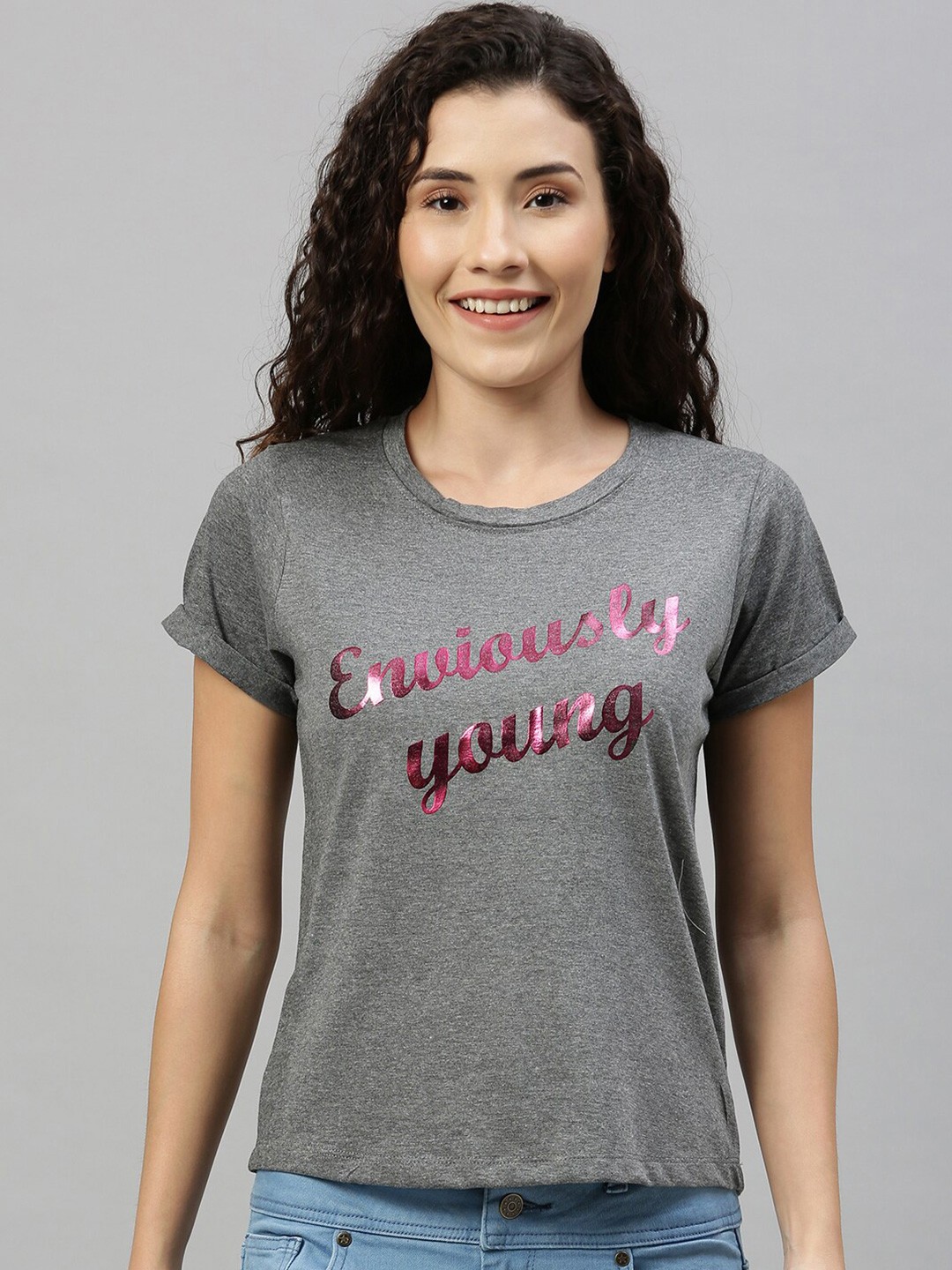 

Enviously Young Typography Printed Pure Cotton T-shirt, Grey melange
