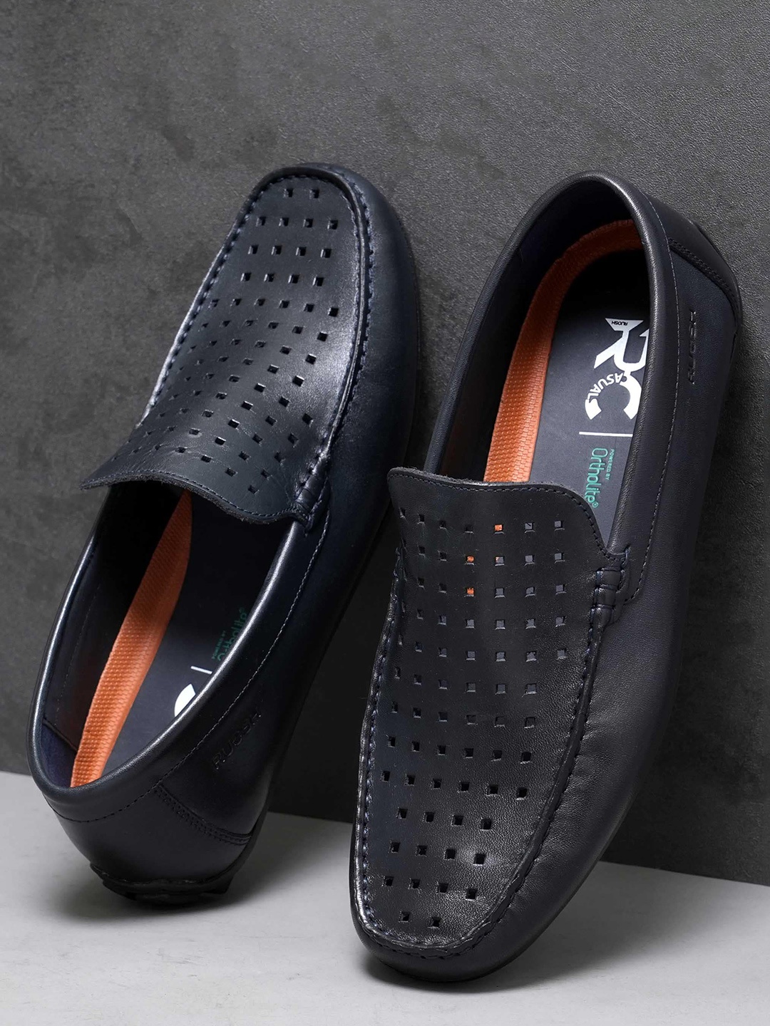 

Ruosh Men Perforations Leather Slip-On Loafers, Navy blue
