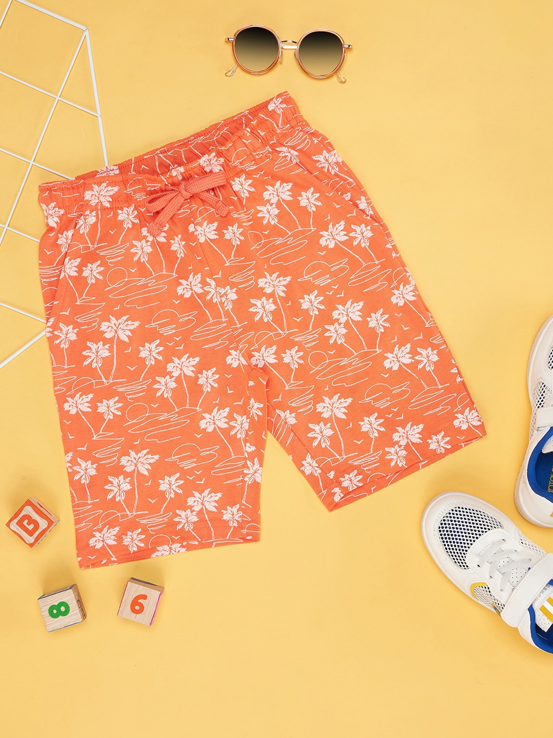 

Pantaloons Junior Boys Floral Printed Mid-Rise Pure Cotton Shorts, Orange