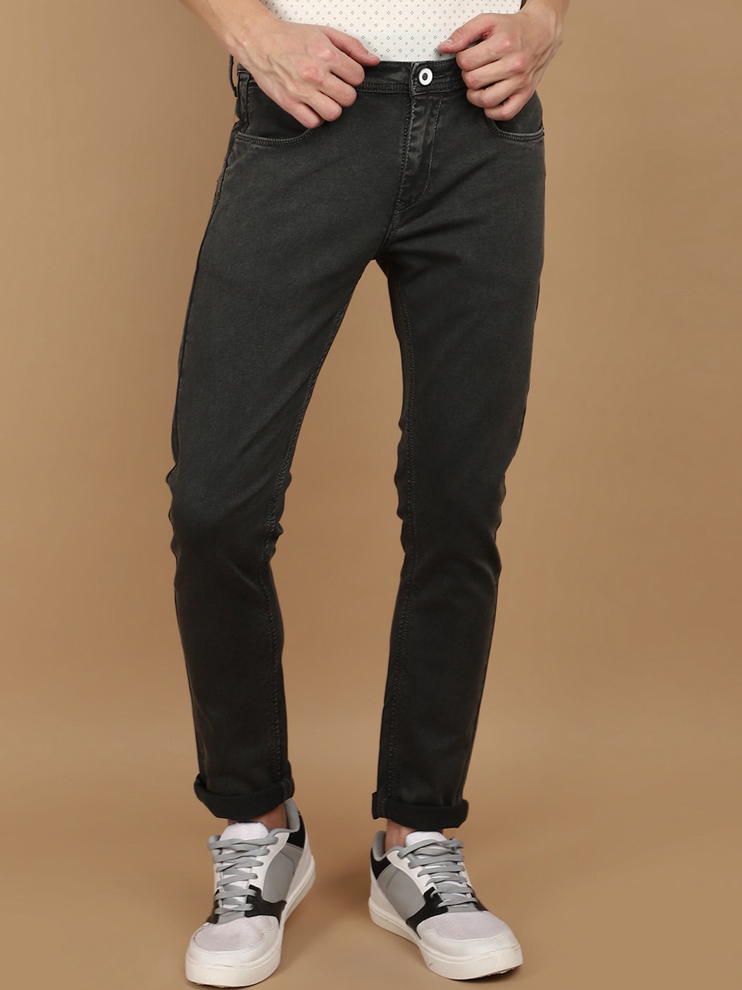 V-Mart Men Slim Fit Mid-Rise Clean Look Cotton Jeans, Olive