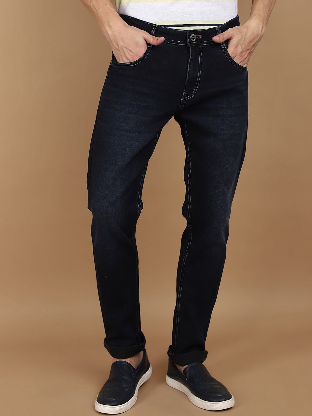 V-Mart Men Slim Fit Mid-Rise Clean Look Cotton Jeans, Navy blue