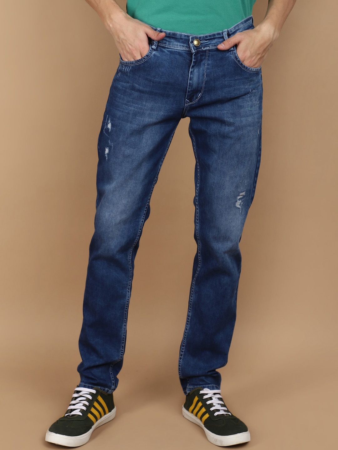 

V-Mart Men Slim Fit Mid-Rise Low Distress Cotton Jeans, Blue