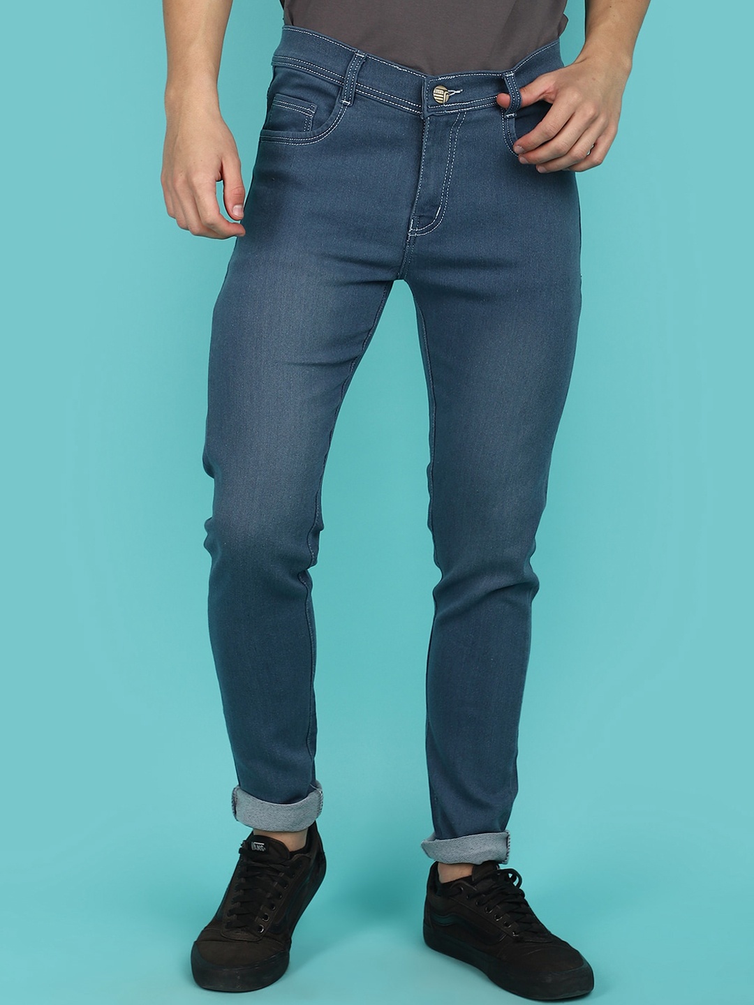 

V-Mart Men Slim Fit Mid-Rise Clean Look Dobby Jeans, Blue