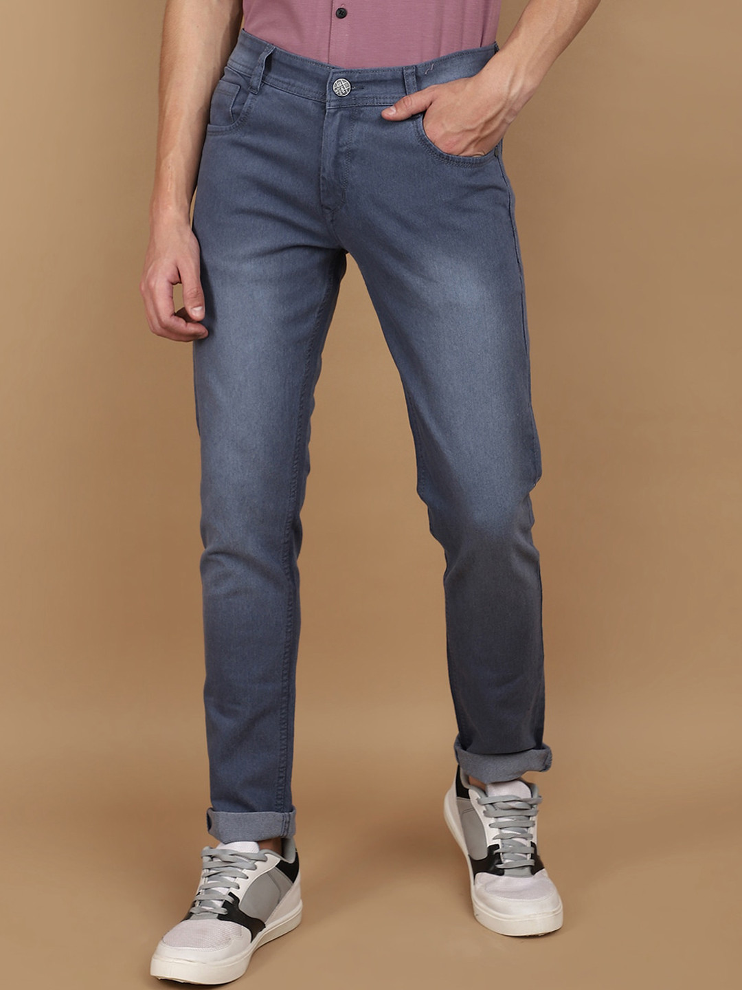 

V-Mart Men Slim Fit Mid-Rise Clean Look Twill Cotton Jeans, Grey