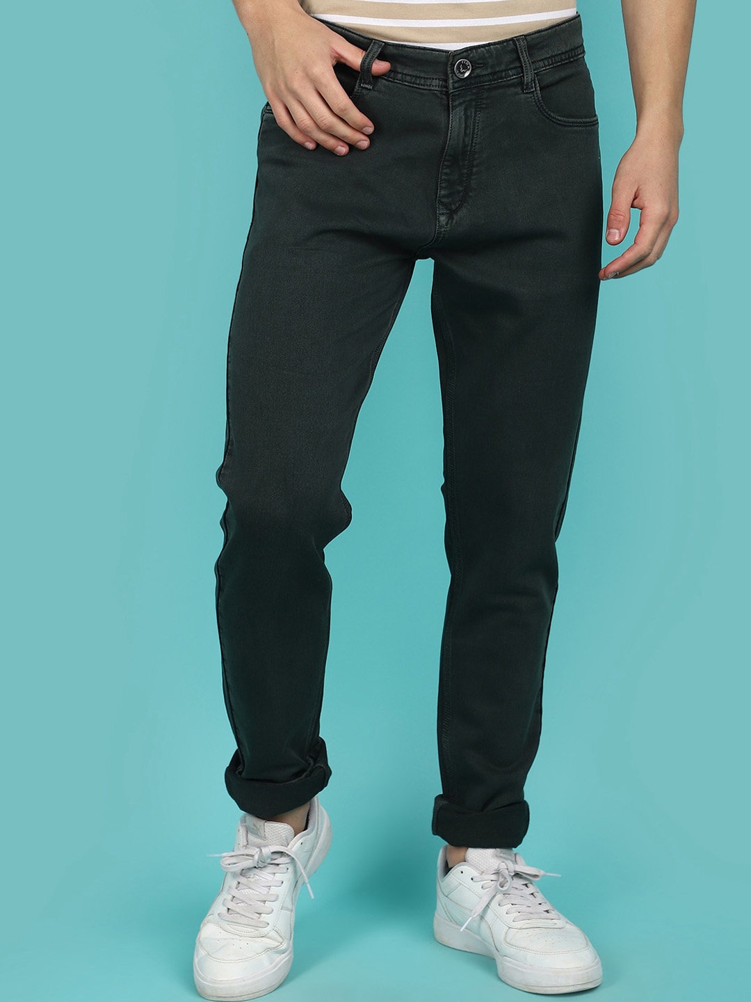

V-Mart Men Slim Fit Mid-Rise Clean Look Cotton Jeans, Olive