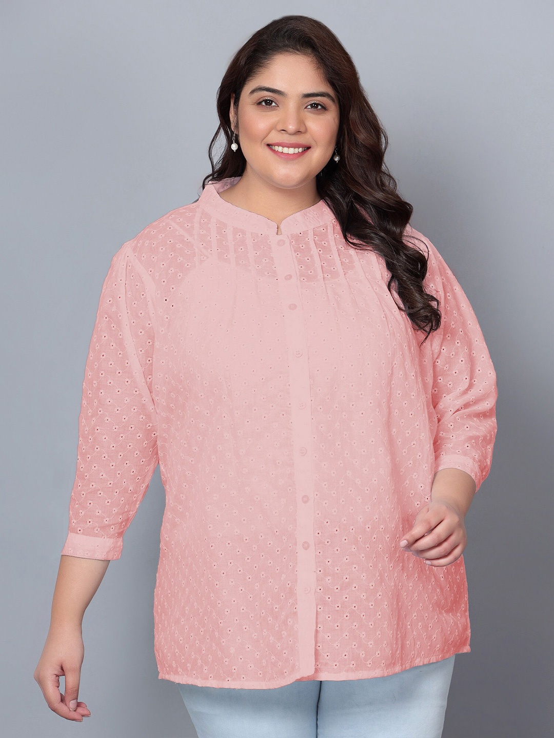 

Indietoga Plus Size Mandarin Collar Pure Cotton Shirt Style Top, Orange