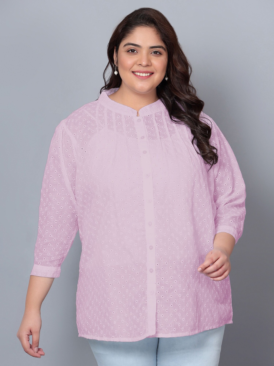 

Indietoga Plus Size Mandarin Collar Cotton Shirt Style Top, Pink