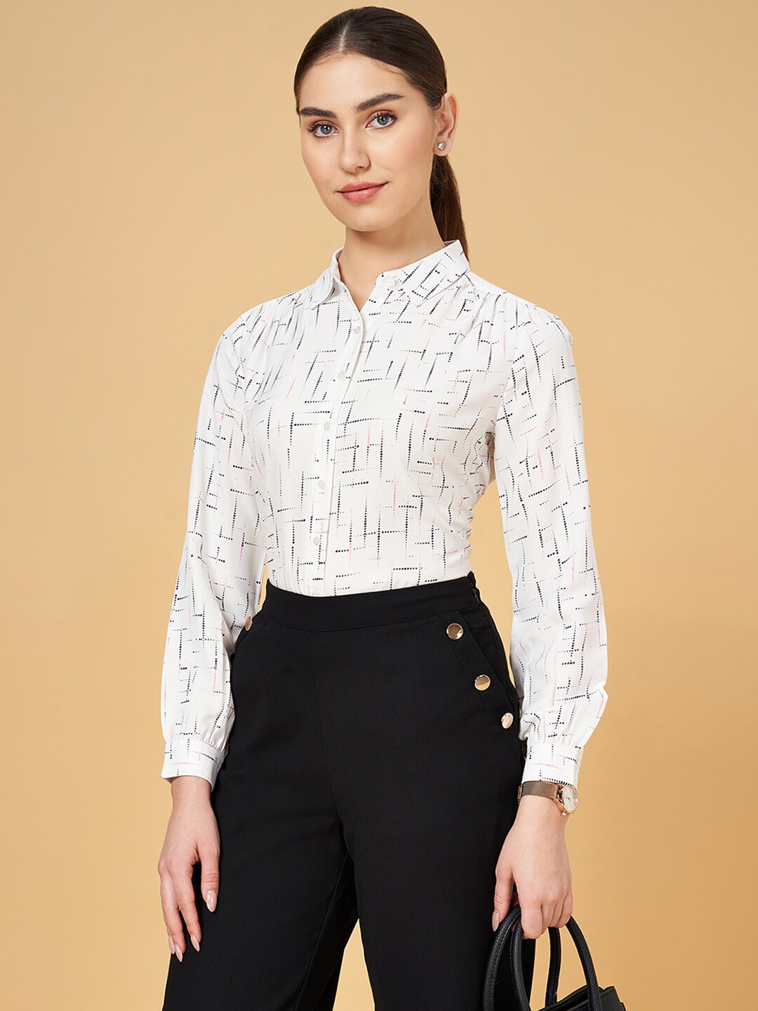 Annabelle by Pantaloons Abstract Printed Formal Shirt, Off white