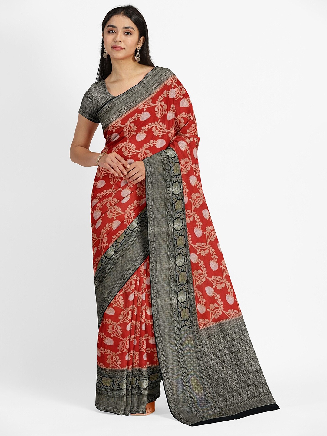 

Muskan Fashion Floral Woven Design Zari Banarasi Saree, Red