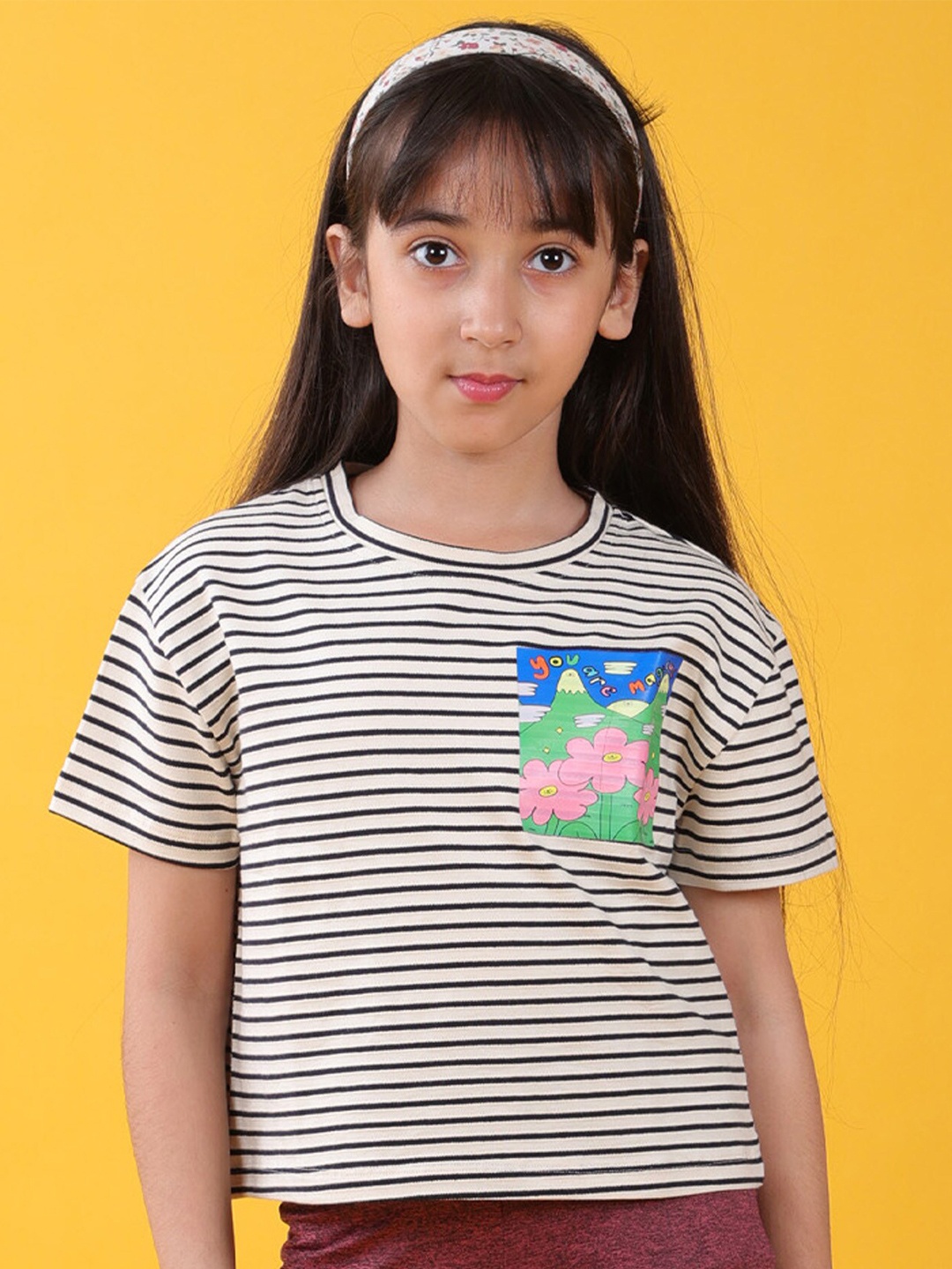 

Anthrilo Girls SS24 Striped Round Neck Short Sleeves Pure Cotton T-shirt, White