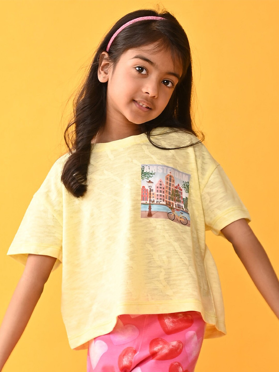 

Anthrilo Girls SS24 Graphic Printed Round Neck Short Sleeves Pure Cotton T-shirt, Yellow