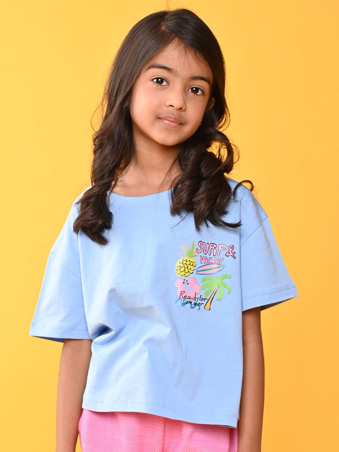 

Anthrilo Girls SS24 Graphic Printed Round Neck Short Sleeves Pure Cotton T-shirt, Blue