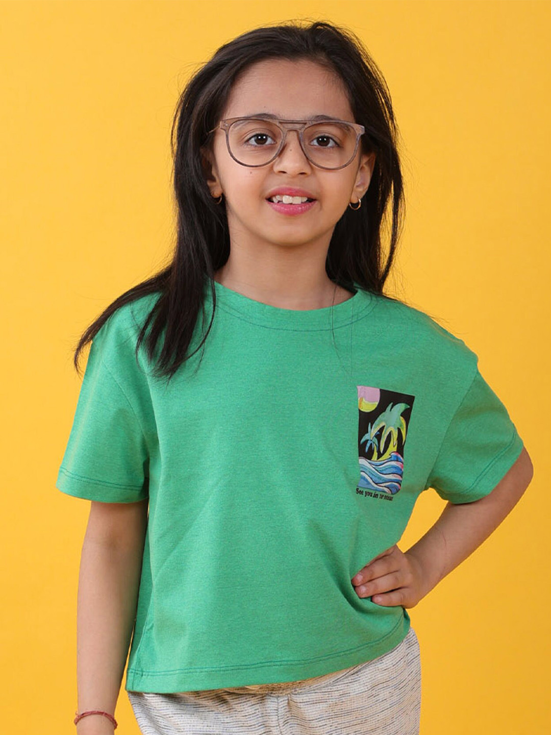 

Anthrilo Girls SS24 Graphic Printed Round Neck Short Sleeves Pure Cotton T-shirt, Green