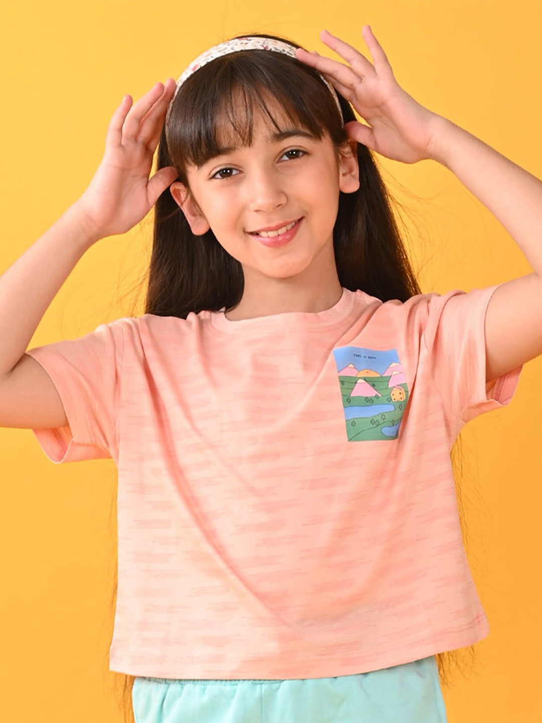 

Anthrilo Girls SS24 Graphic Printed Round Neck Short Sleeves Pure Cotton T-shirt, Peach