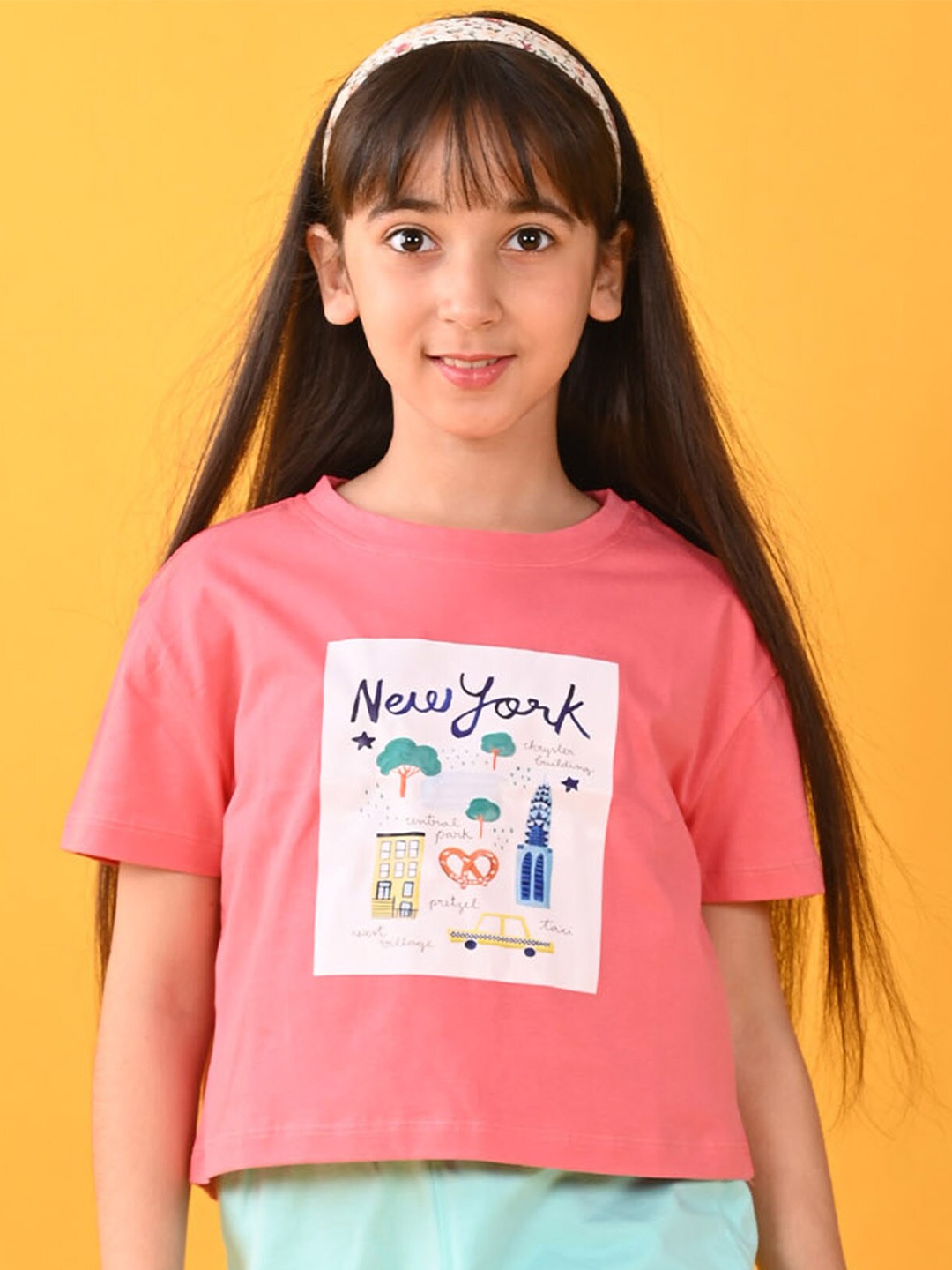 

Anthrilo Girls SS24 Graphic Printed Round Neck Short Sleeves Pure Cotton T-shirt, Peach