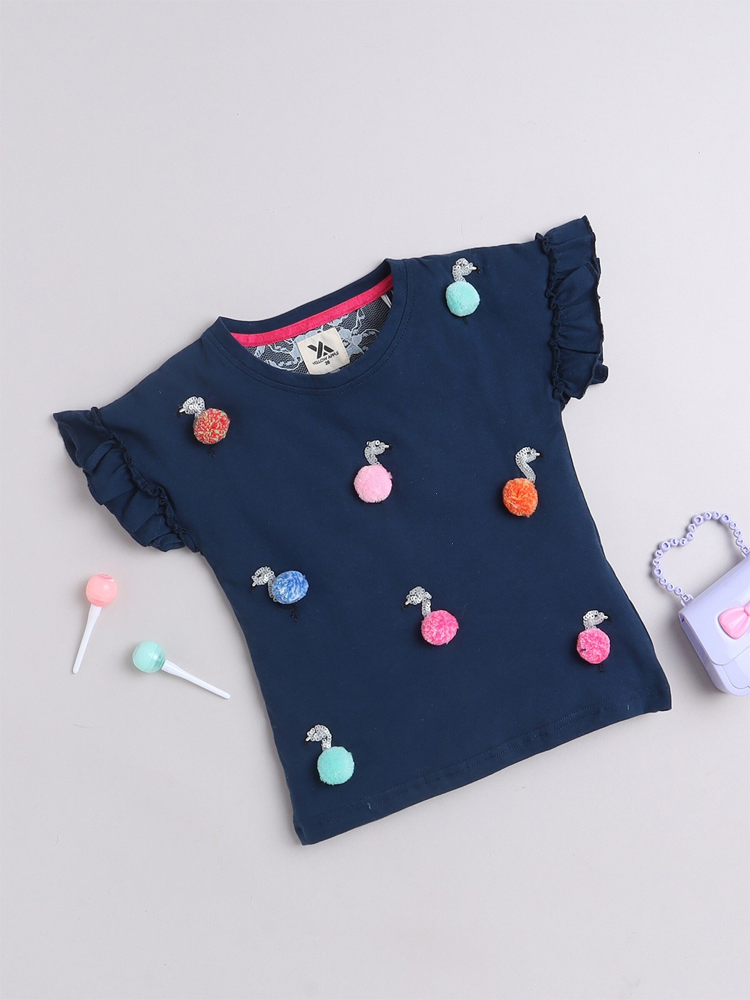 

Yellow Apple Girls Round Neck Applique T-shirt, Navy blue