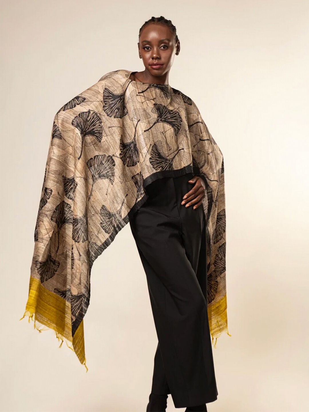 AESHAANE Floral Print V-Neck Pure Silk 3 In 1 Cape Top, Black