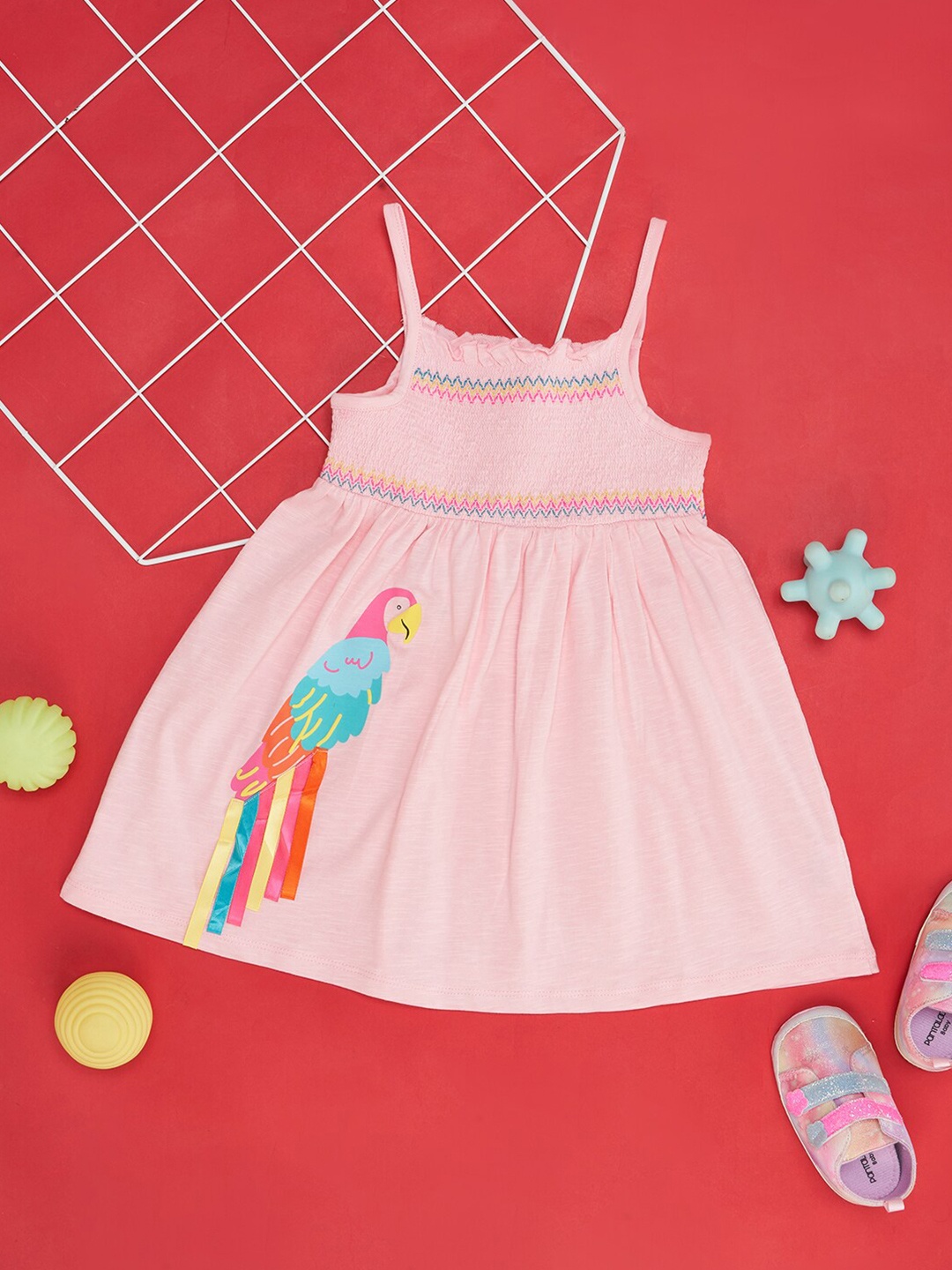 

Pantaloons Baby Infant Girls Shoulder Straps Pure Cotton Empire Dress, Pink