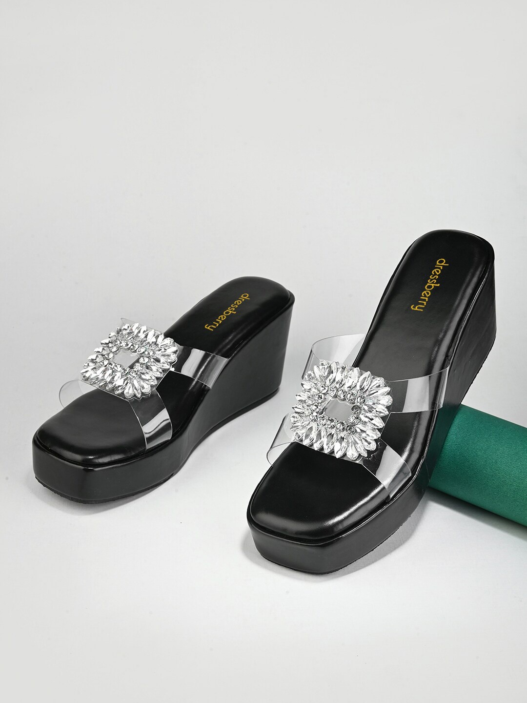 

DressBerry Black Embellished Open Toe Wedge Heels