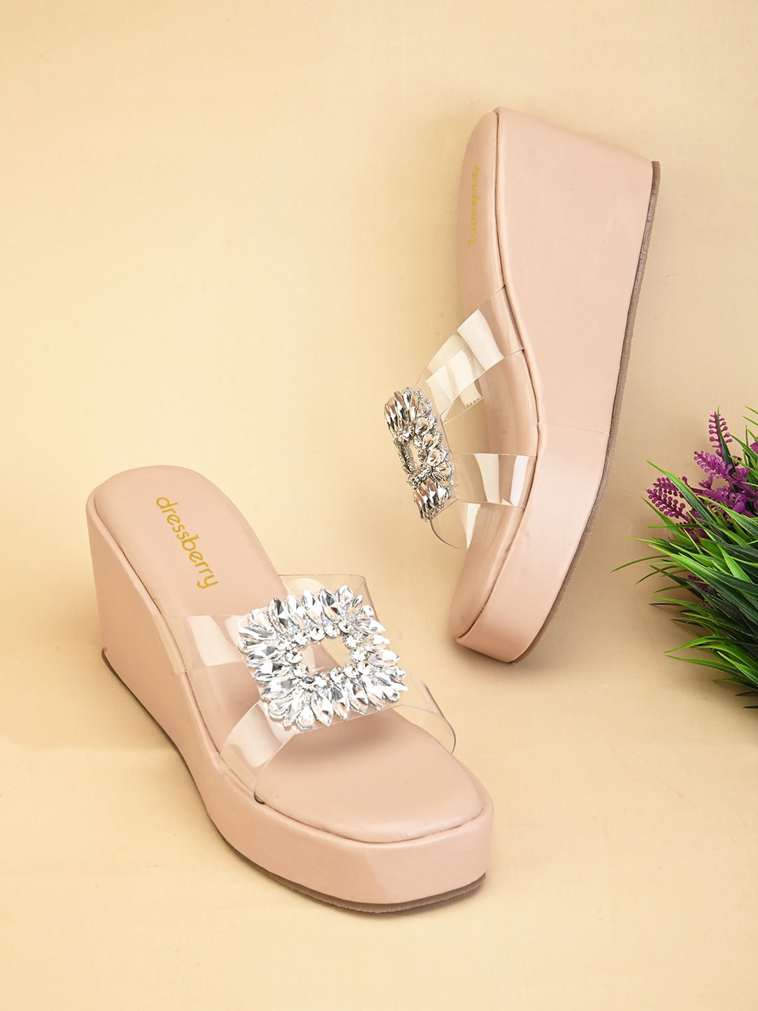 

DressBerry Pink Embellished Wedge Heels