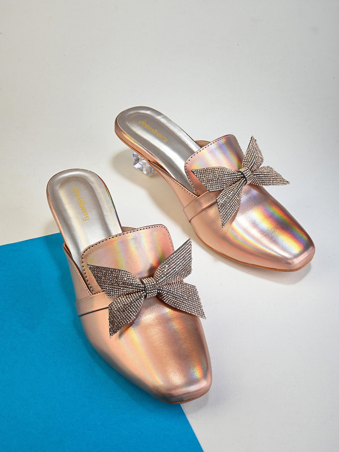 

DressBerry Pink Embellished Square Toe Kitten Heeled Mules