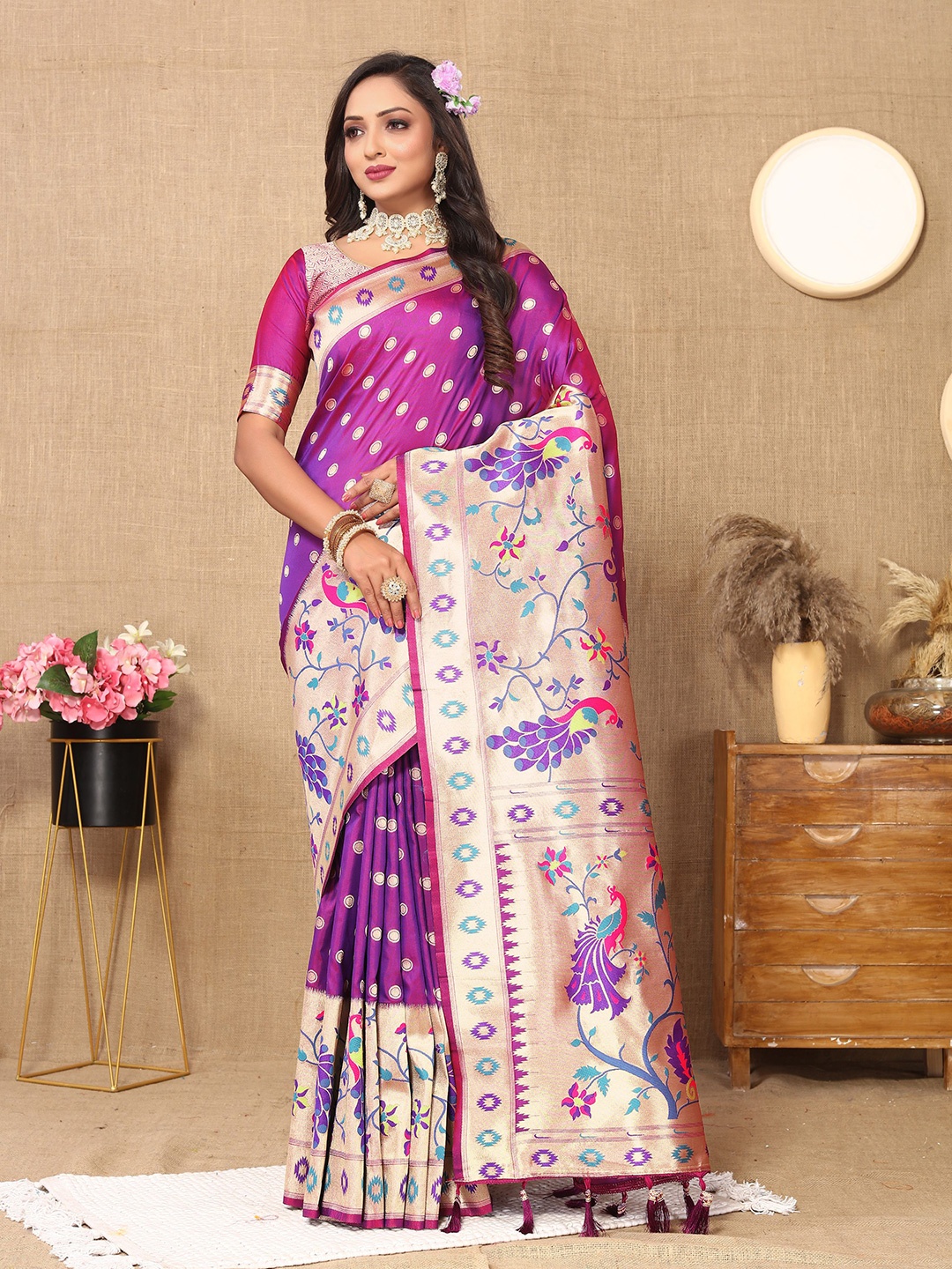 

bansari textiles Ethnic Motifs Woven Design Zari Silk Cotton Patola Saree, Purple
