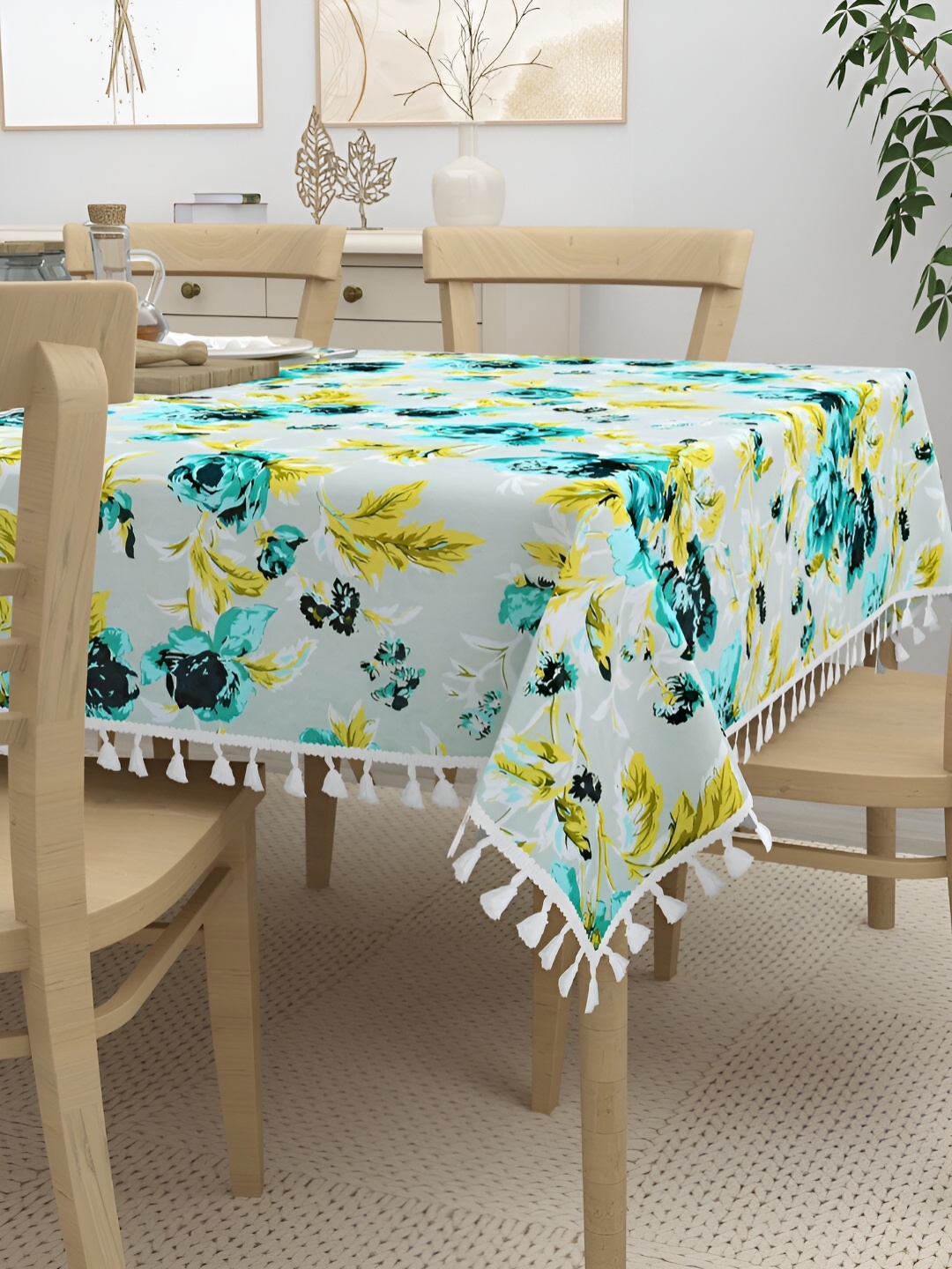

HOME AFFAIRS Turquoise Blue Floral Anti-Slip Cotton 6-Seater Table Cover