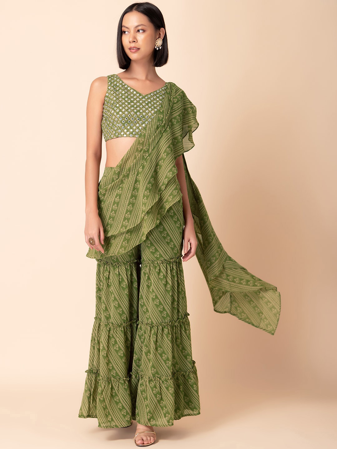 

INDYA Embroidered Top & Sharara Co-Ords With Dupatta, Green